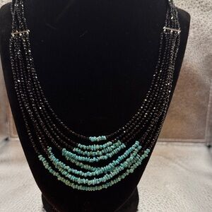 Jay King Eight Stand Black Spinel, Turquoise and Sterling Silver Necklace.
